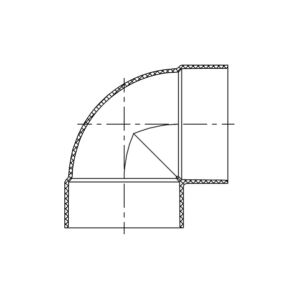 Technical line drawing of a 1/4 Bend (90 degree), Hub by Hub, PVC SDR 35 sewer fitting