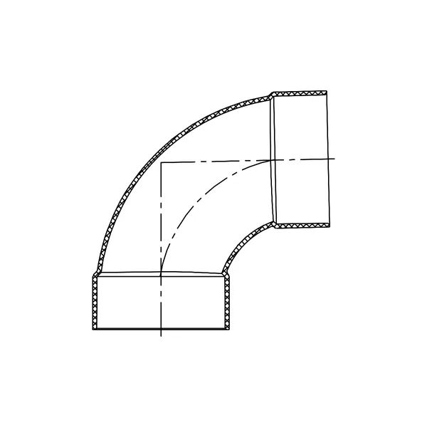 Technical line drawing of a long Sweep 1/4 Bend (90 degree), Hub by Hub, PVC SDR 35 sewer fitting