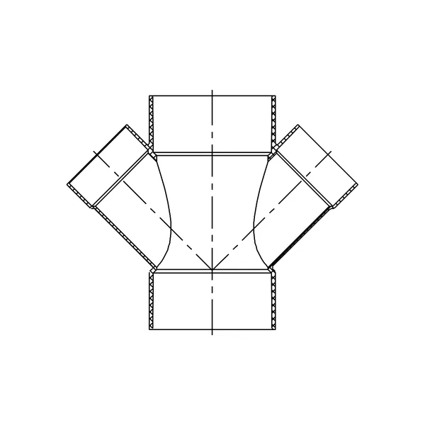 Technical line drawing of a reducing Double Wye, All Hub, PVC SDR 35 sewer fitting