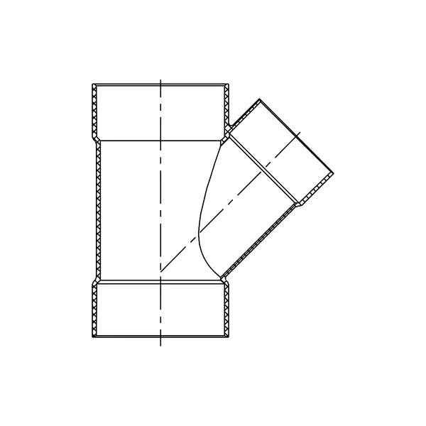 Technical line drawing of a reducing Wye, All Hub, PVC SDR 35 sewer fitting