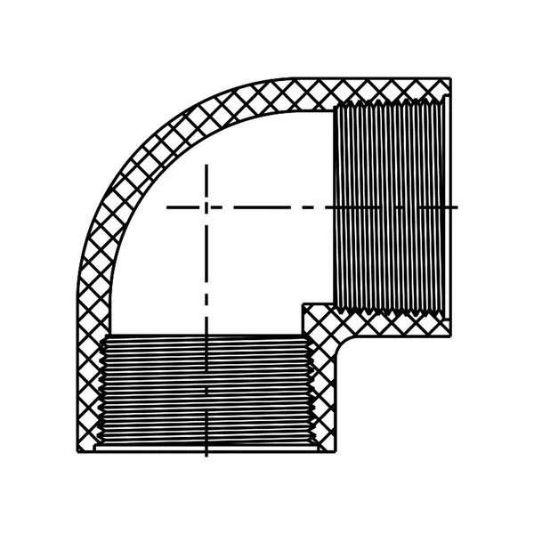 Technical line drawing of a 90 degree Elbow, female thread by female thread, Schedule 40 PVC fitting, UVR line