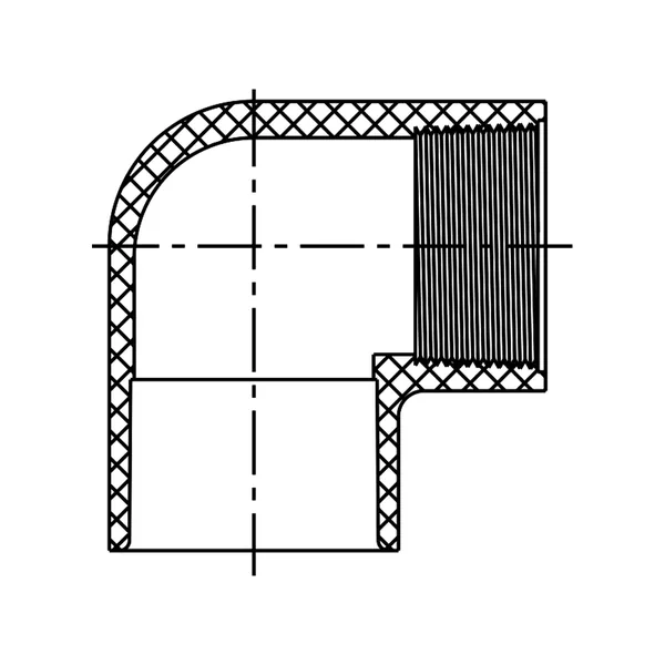 Technical line drawing of a 90 degree Elbow, Slip by female thread, Schedule 40 PVC fitting, UVR line