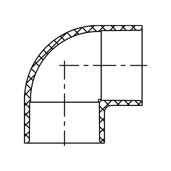 Technical line drawing of a 90 degree Elbow, Slip by Slip, Schedule 40 PVC fitting, UVR line