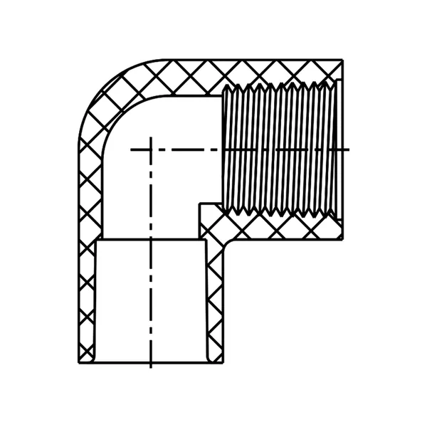 Technical line drawing of a 90 degree Reducing Elbow, Slip by female thread, Schedule 40 PVC fitting, UVR line