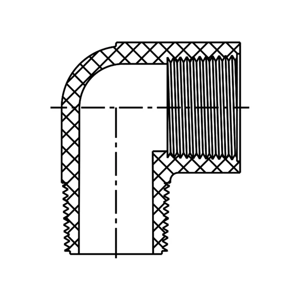 Technical line drawing of a 90 degree Street Elbow, male thread by female thread, Schedule 40 PVC fitting, UVR line