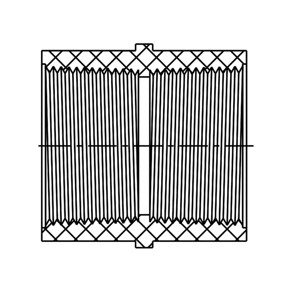 Technical line drawing of a coupling, female thread by female thread, Schedule 40 PVC fitting, UVR line