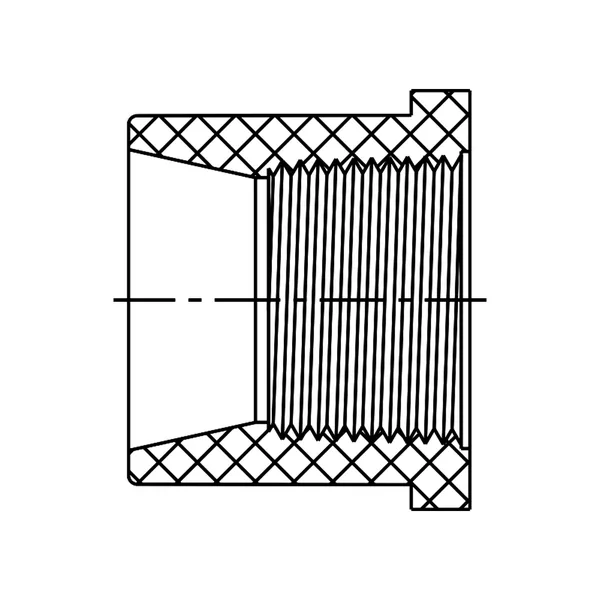 Technical line drawing of a reducing Bushing Flush Style, Spigot by female thread, Schedule 40 PVC fitting, UVR line