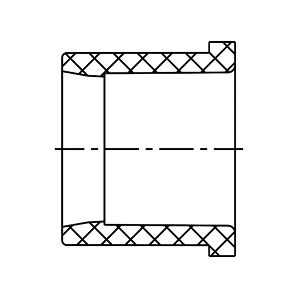 Technical line drawing of a reducing Bushing Flush Style, Spigot by Slip, Schedule 40 PVC fitting, UVR line