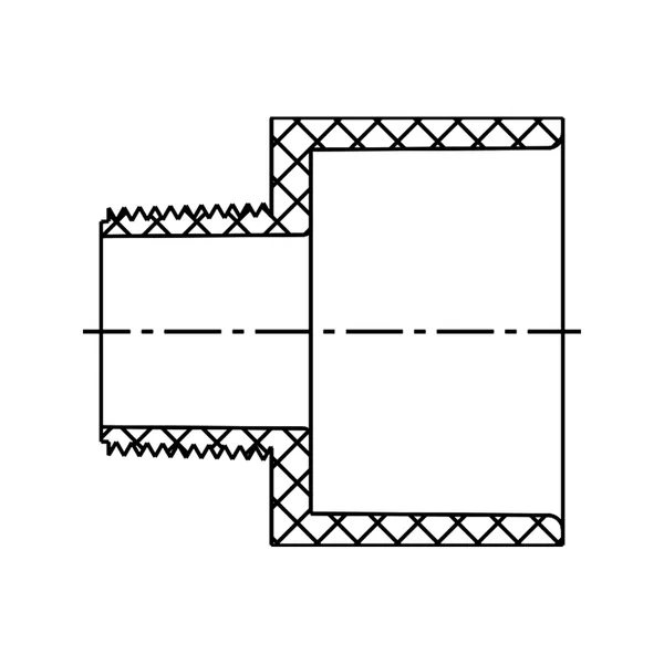Technical line drawing of a reducing Male Adapter, male thread by Slip, Schedule 40 PVC fitting, UVR line