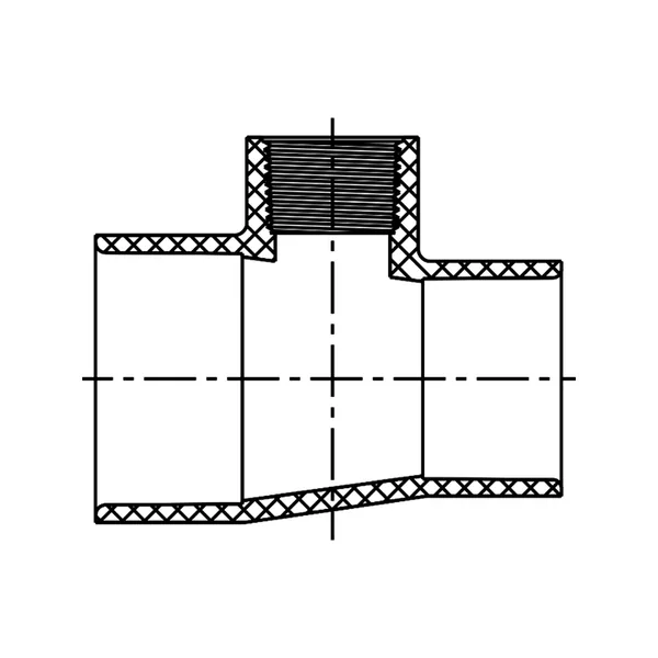Technical line drawing of a reducing Tee, Slip by Slip by female thread, Schedule 40 PVC fitting, UVR line