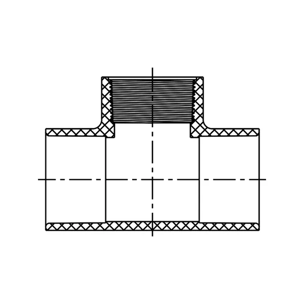 Technical line drawing of a tee, Slip by Slip by female thread, Schedule 40 PVC fitting, UVR line